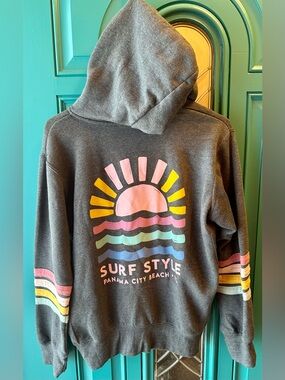Trading Co Beach Outfitters Hoodie Size M Charcoal Grey Retro Striped Sleeve Zip